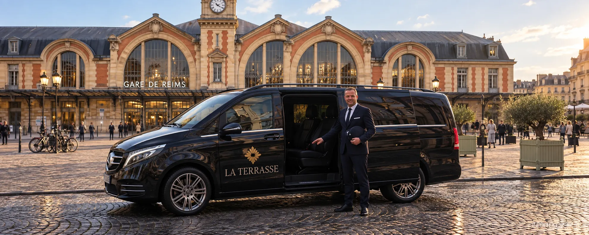 Un chauffeur en costume ouvre la portière d'un van La Terrasse devant la gare de Reims.